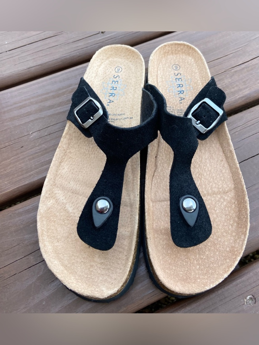 Serra Black Suede Toe-Post Sandals with Silver Buckles